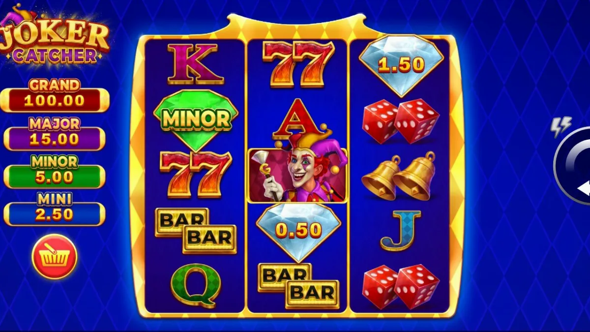 Tampilan antarmuka slot Joker Catcher dengan simbol klasik dan Joker di tengah.